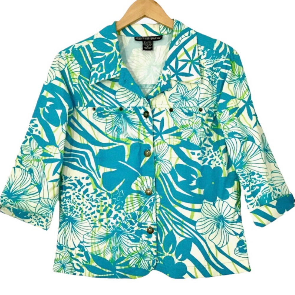 Mirror Image Lightweight Denim Jean Jacket Size M Button Down Tropical Print